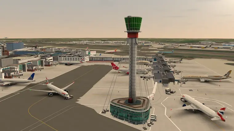 Tower und Vorfeld eines Flughafens in World of Airports
