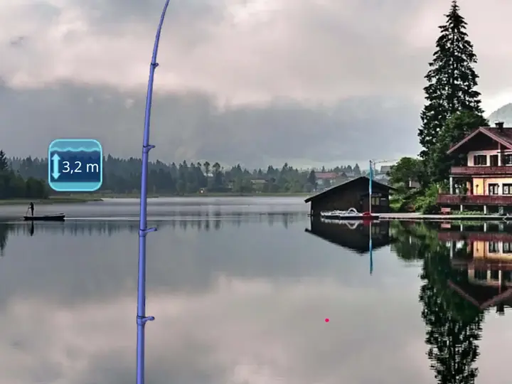 Ruhiger See mit Tiefenanzeige und Bootshaus in Fishing Baron
