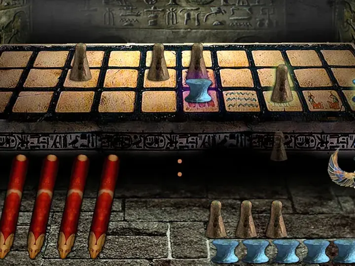 Spielbrett des altägyptischen Senet mit Wurfstäben