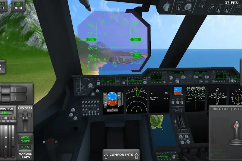 Cockpit mit Instrumenten und Küstenlinie aus Turboprop Flight Simulator